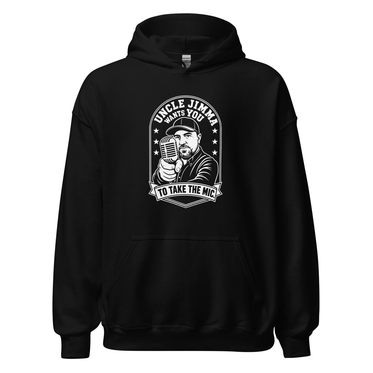 Black pullover hoodie featuring a white portrait pointing toward the viewer beside a vintage microphone and “Uncle Jimma Wants You to Take the Mic” lettering.