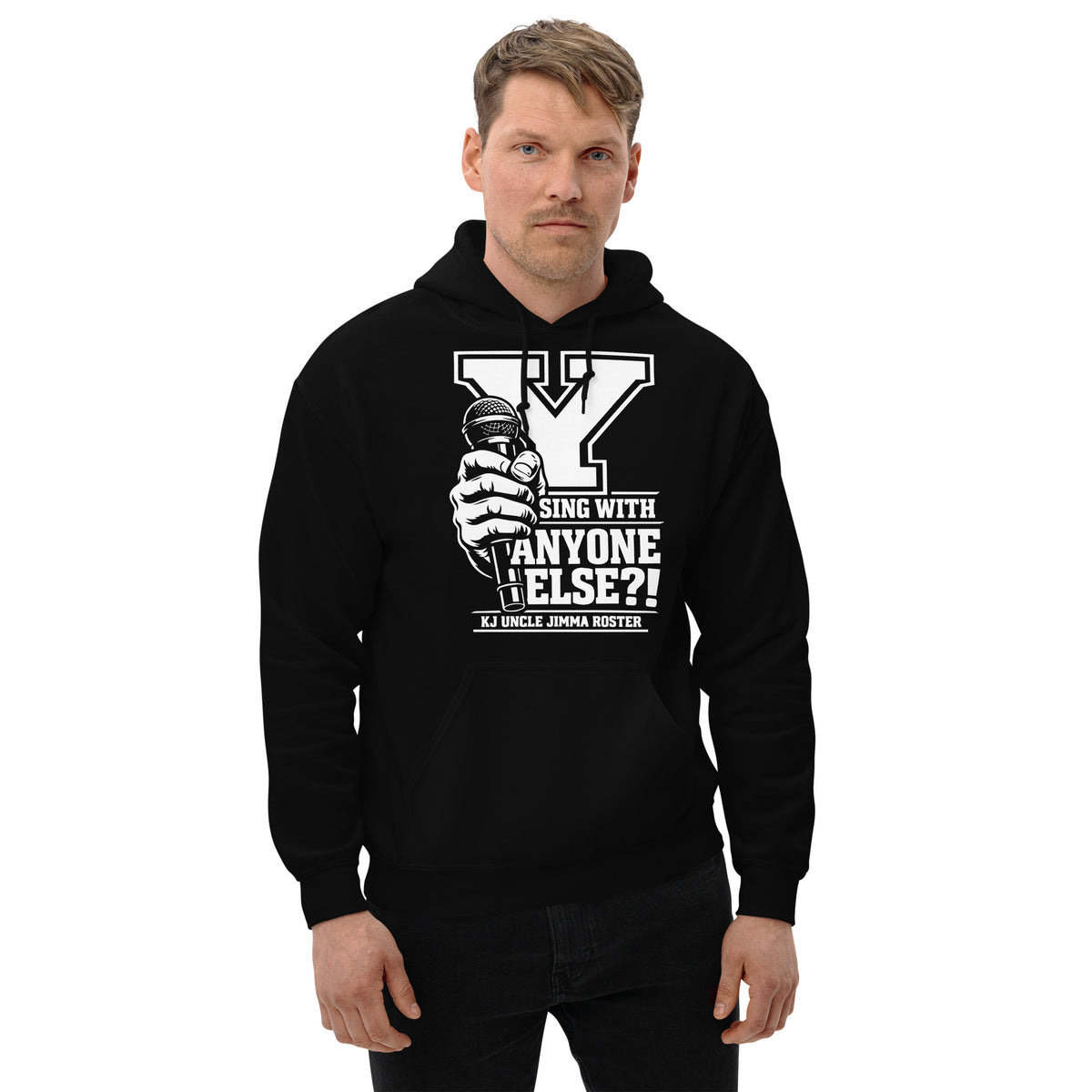Black pullover hoodie, front view, featuring Uncle Jimma Roster Anthem varsity Y with hand-held microphone.