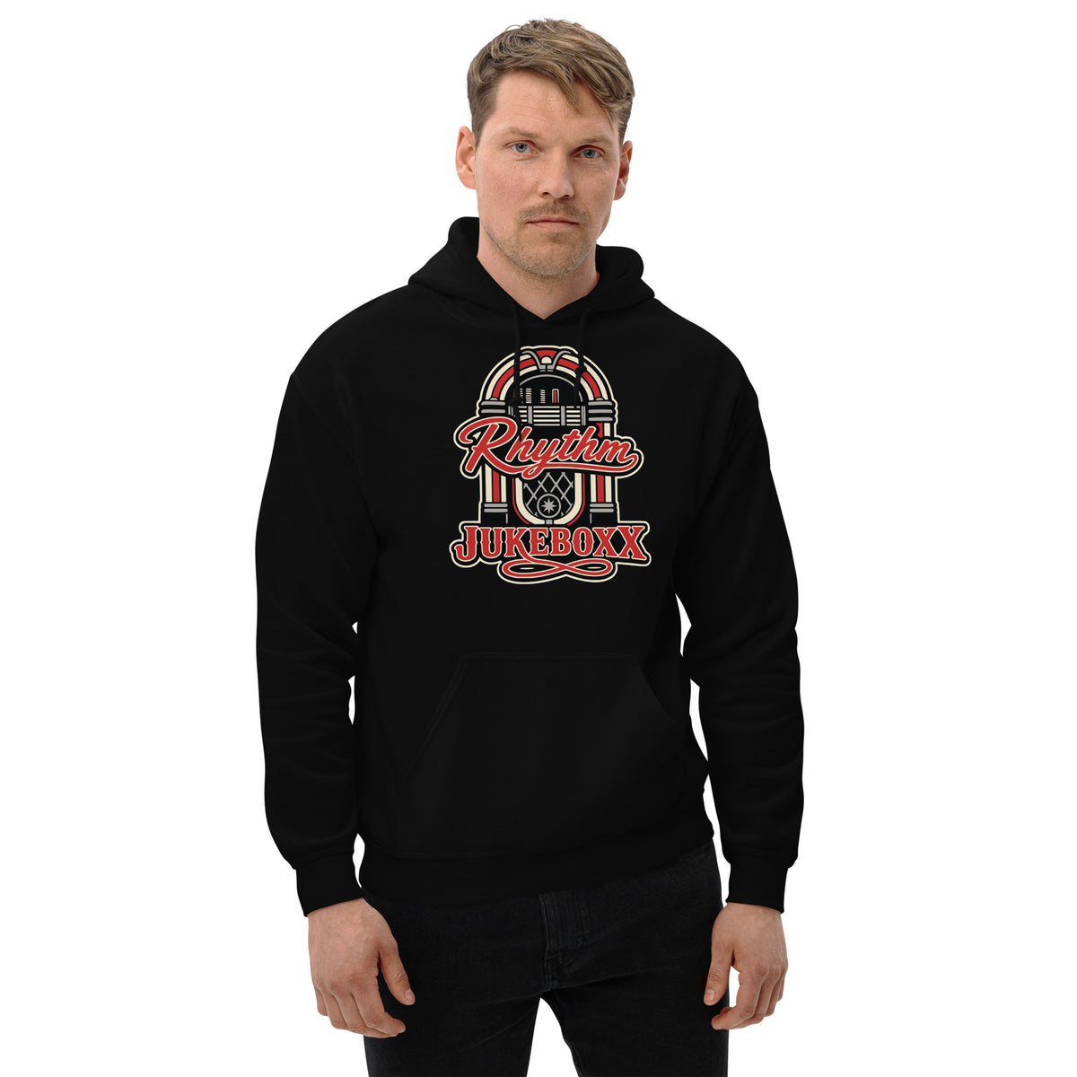 Black pullover hoodie, front view, featuring Rhythm Jukeboxx red-and-cream retro jukebox graphic.