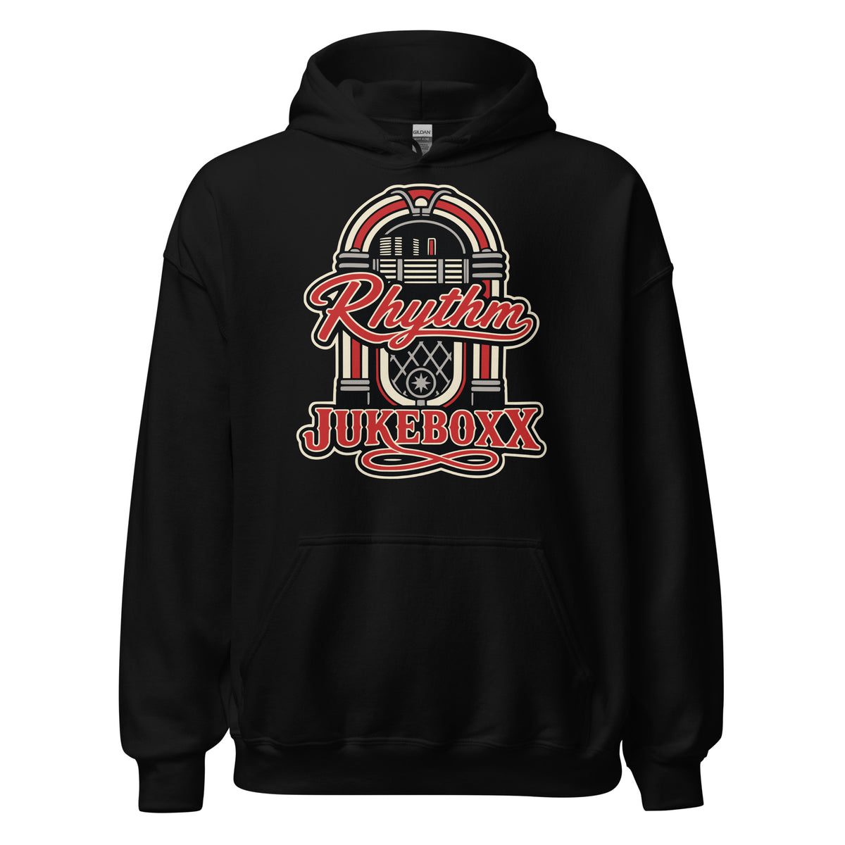 Black pullover hoodie featuring a red-and-cream retro jukebox and “Rhythm Jukeboxx” lettering.