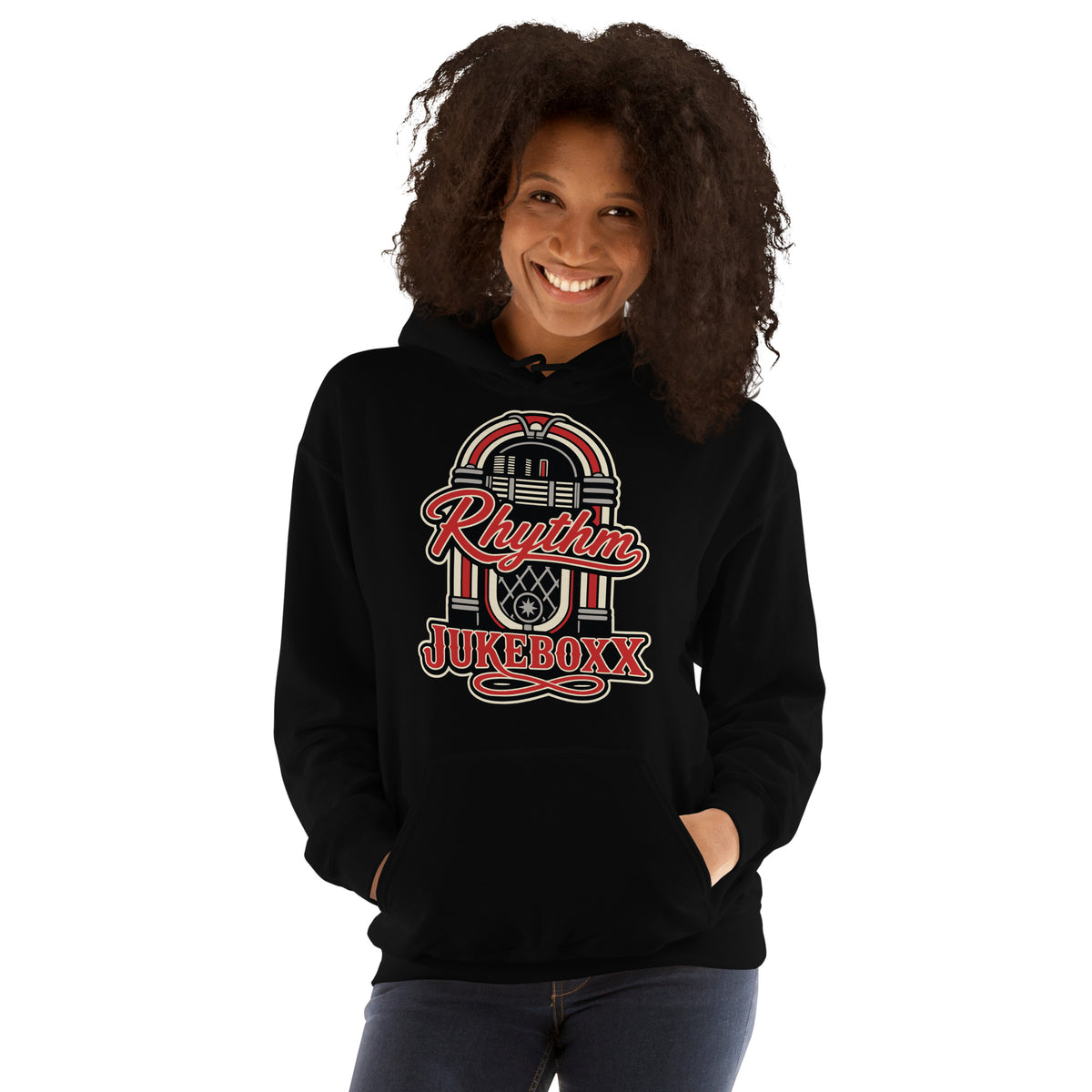Black pullover hoodie, front view, featuring Rhythm Jukeboxx red-and-cream retro jukebox graphic.