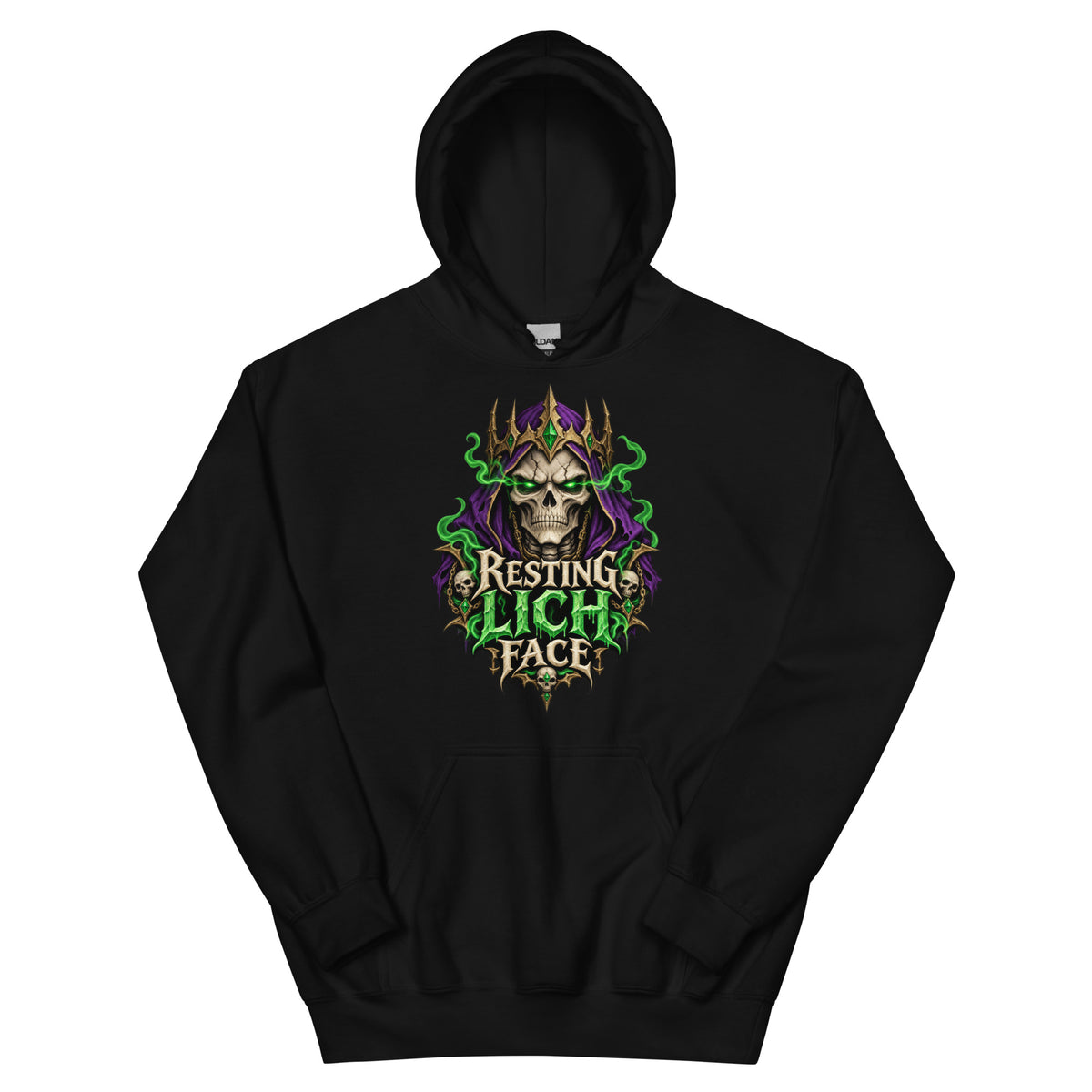 Black pullover hoodie, front view, featuring a crowned skull lich in a purple hood with glowing green eyes and green smoke above dripping green lettering that reads Resting Lich Face