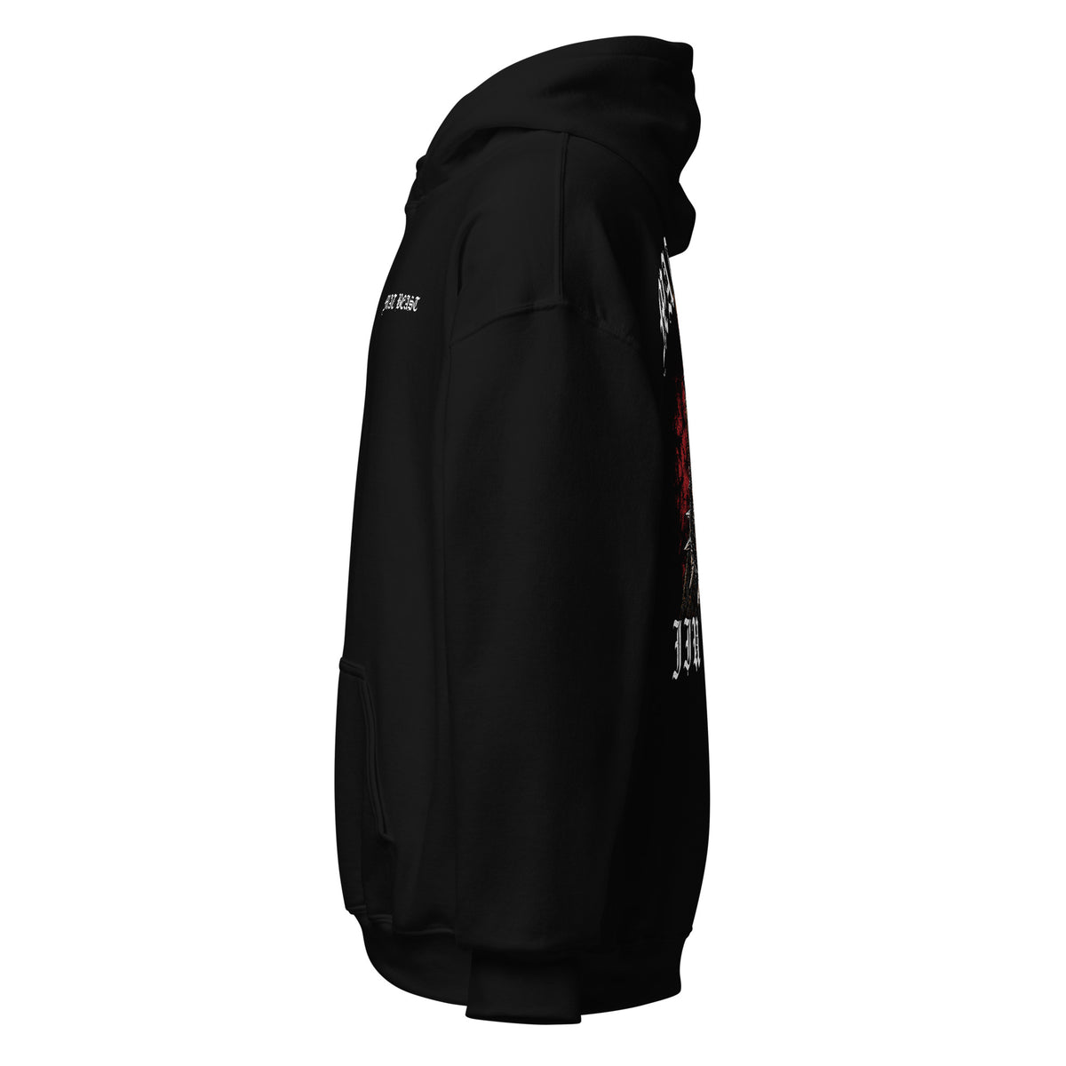 Black pullover hoodie, left side view, featuring Mat Beast Doberman Jiu Jitsu red-accented snarling dog graphic.