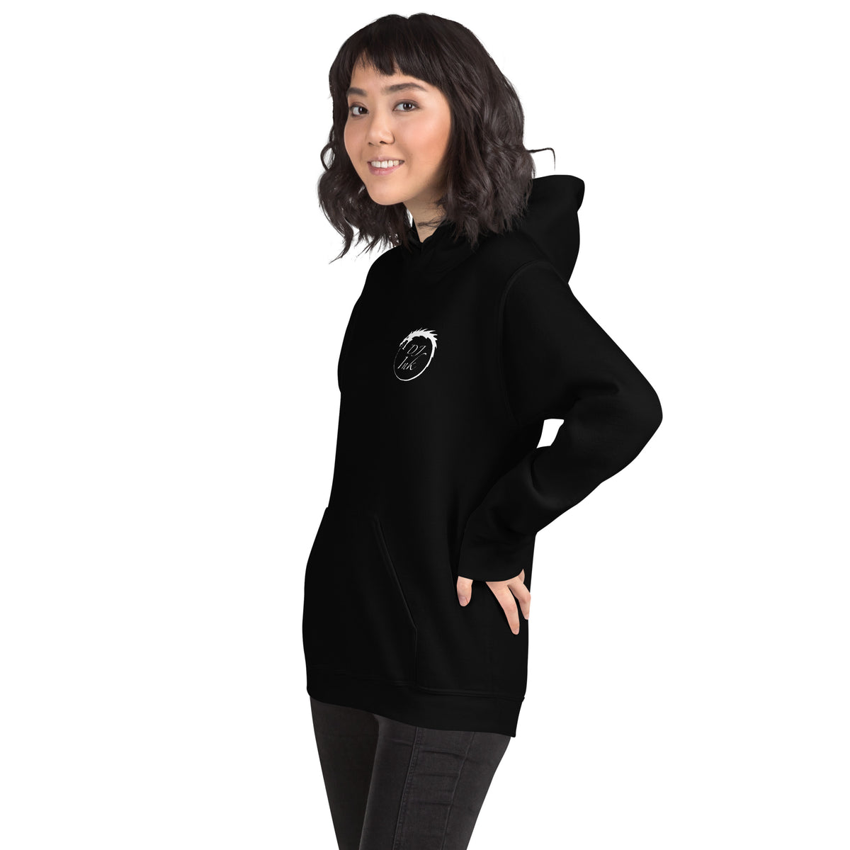 Black pullover hoodie, left-front angled view, featuring DJ Ink white Ouroboros dragon-circle logo.