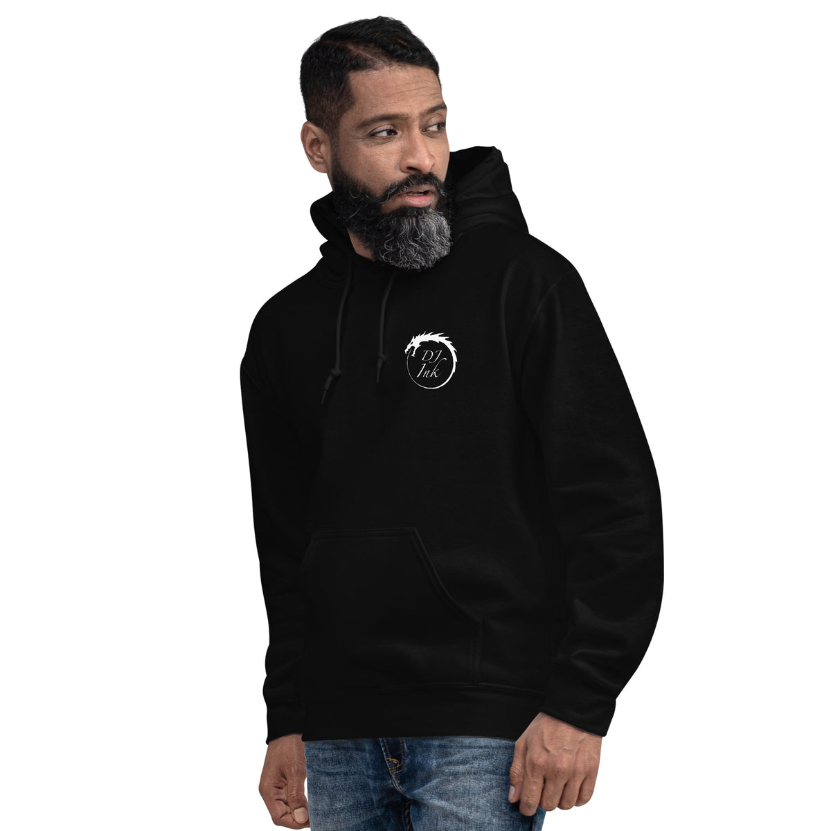 Black pullover hoodie, left-front angled view, featuring DJ Ink white Ouroboros dragon-circle logo.