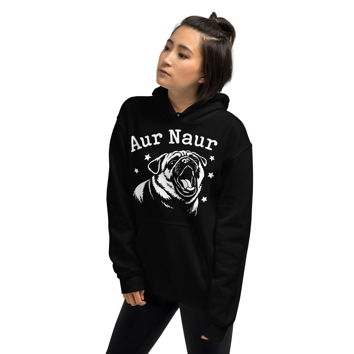Black pullover hoodie, left-front angled view, featuring Aur Naur white pug portrait and star-accented lettering.