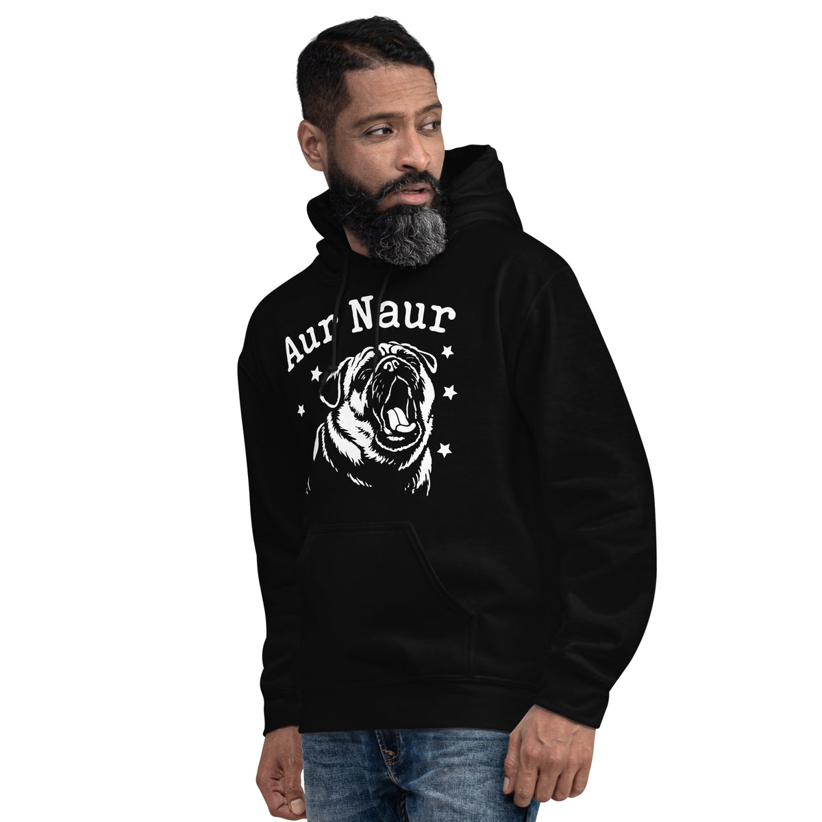 Black pullover hoodie, left-front angled view, featuring Aur Naur white pug portrait and star-accented lettering.