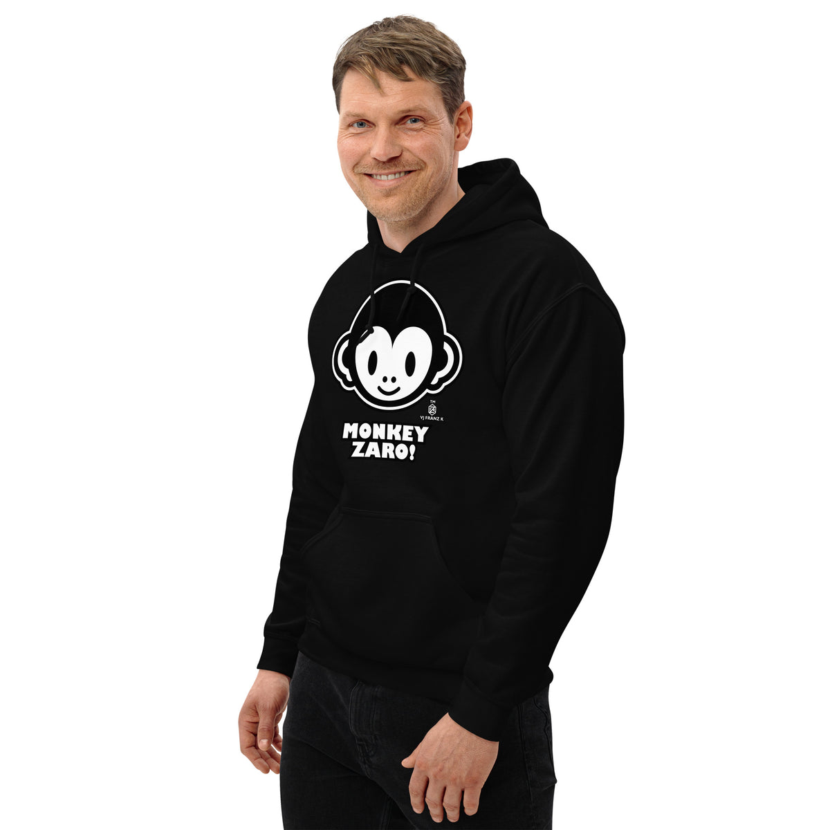 Black pullover hoodie, left-front angled view, featuring Monkey Zaro! white cartoon monkey face and lettering.
