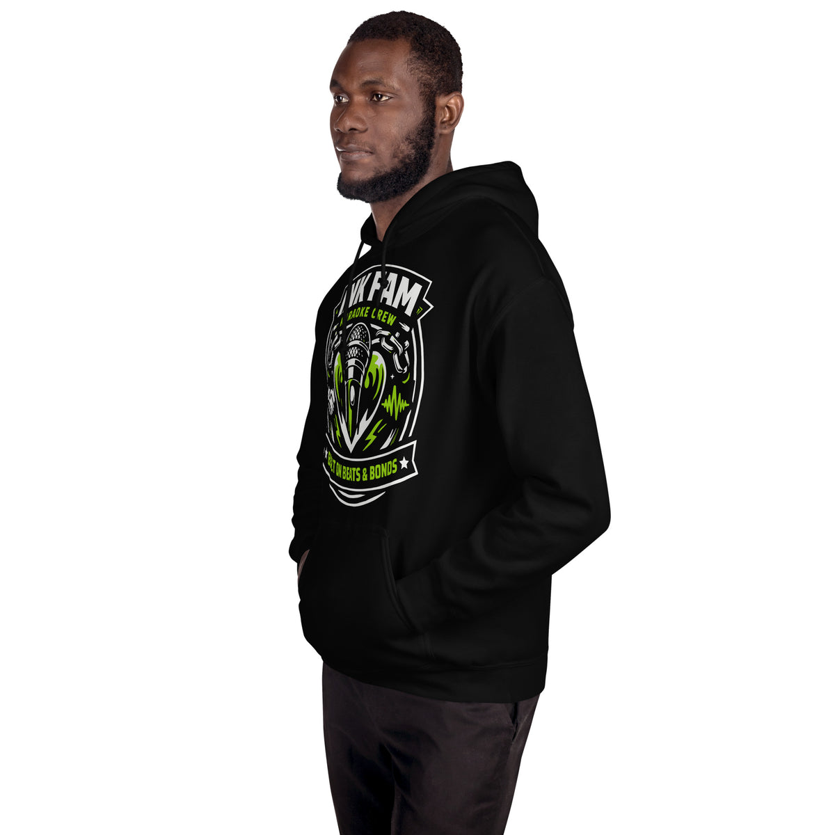 Black pullover hoodie, left-front angled view, featuring DJ Ink Beats & Bonds shield with a microphone and green-and-white lettering.