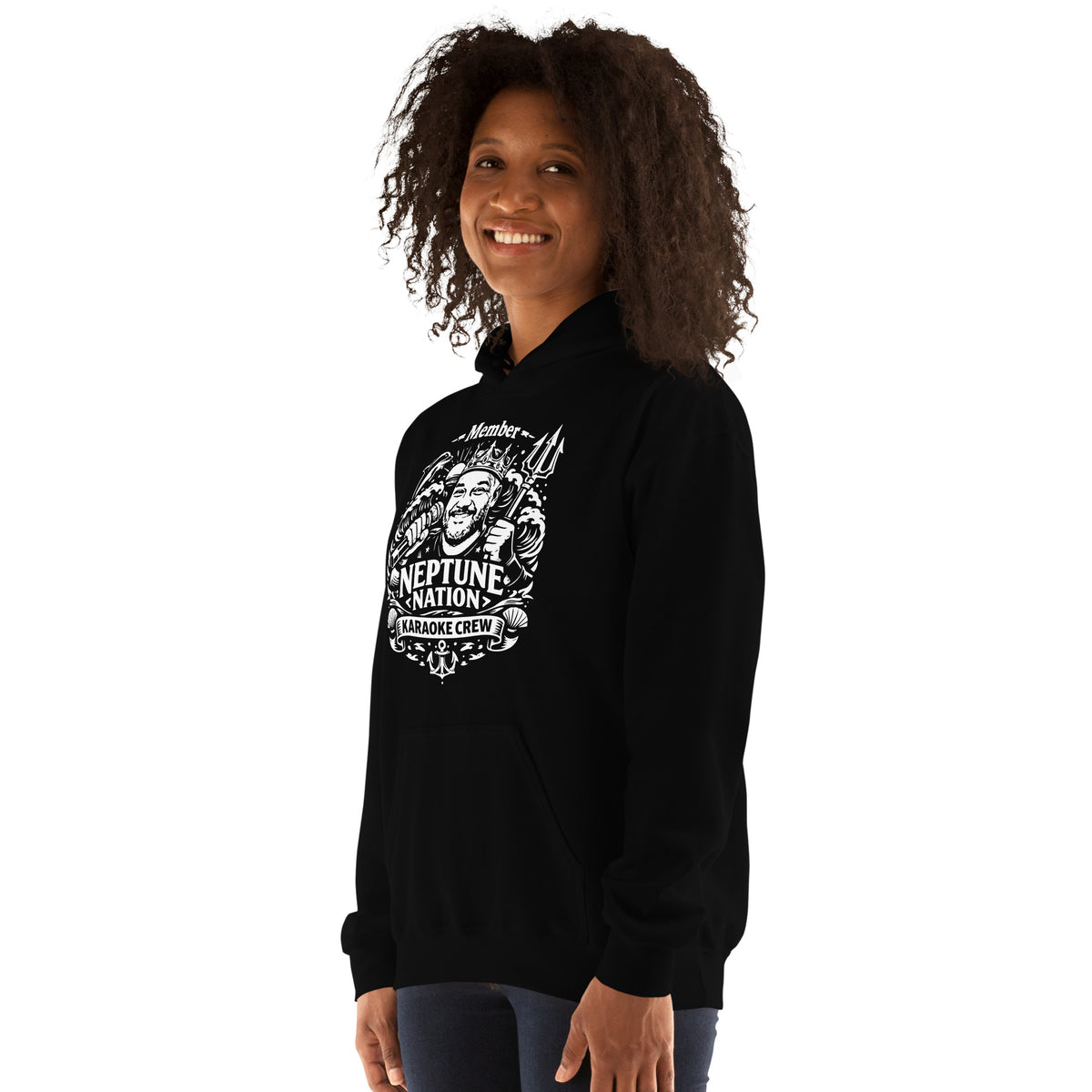 Black pullover hoodie, left-front angled view, featuring KJ Neptune's Neptune Nation nautical microphone and trident badge.