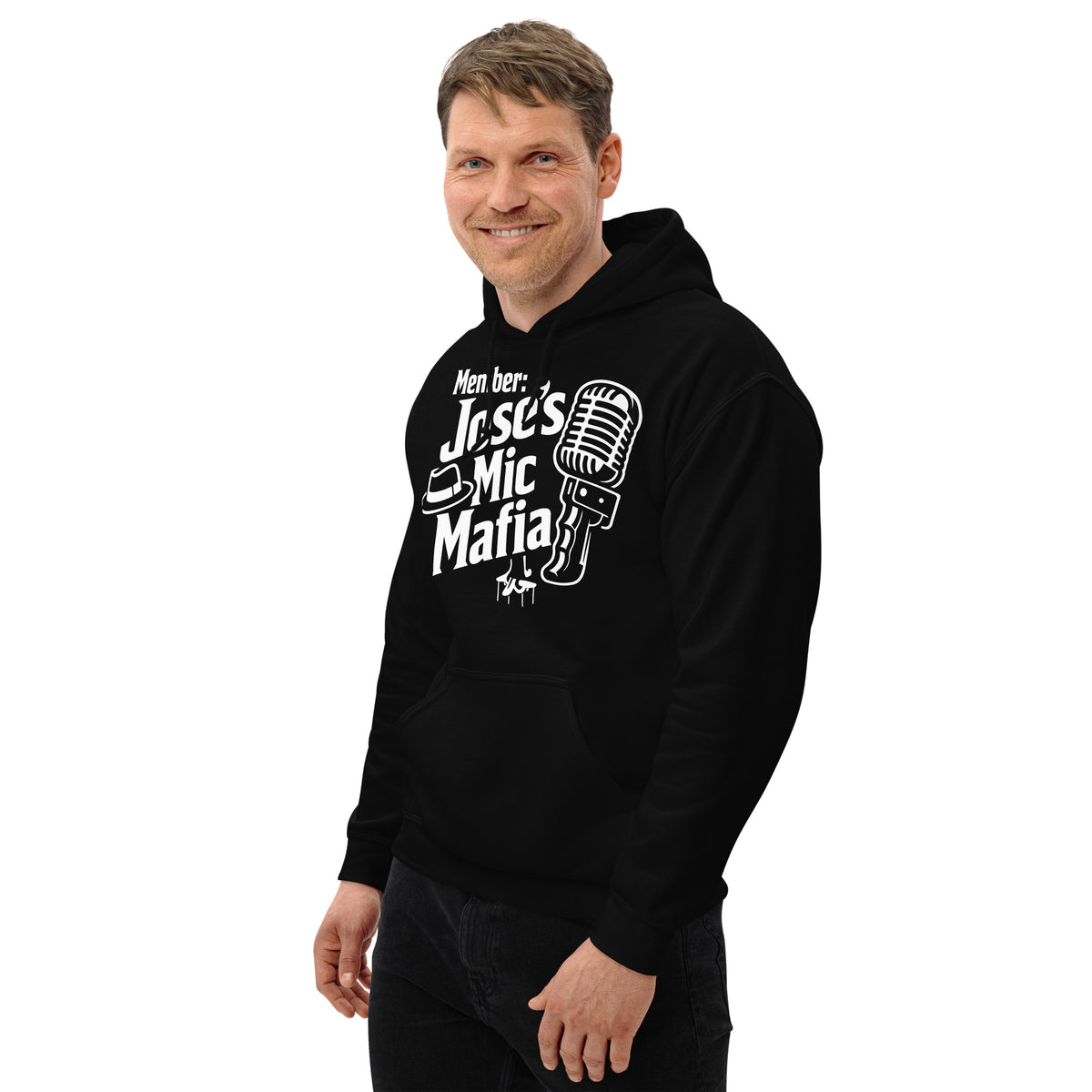 Black pullover hoodie, left-front angled view, featuring Jose's Mic Mafia microphone and fedora design.