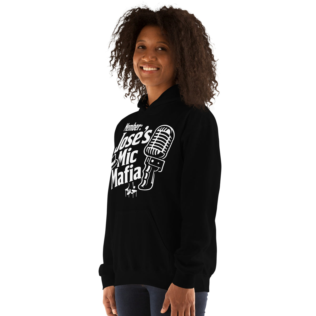 Black pullover hoodie, left-front angled view, featuring Jose's Mic Mafia microphone and fedora design.
