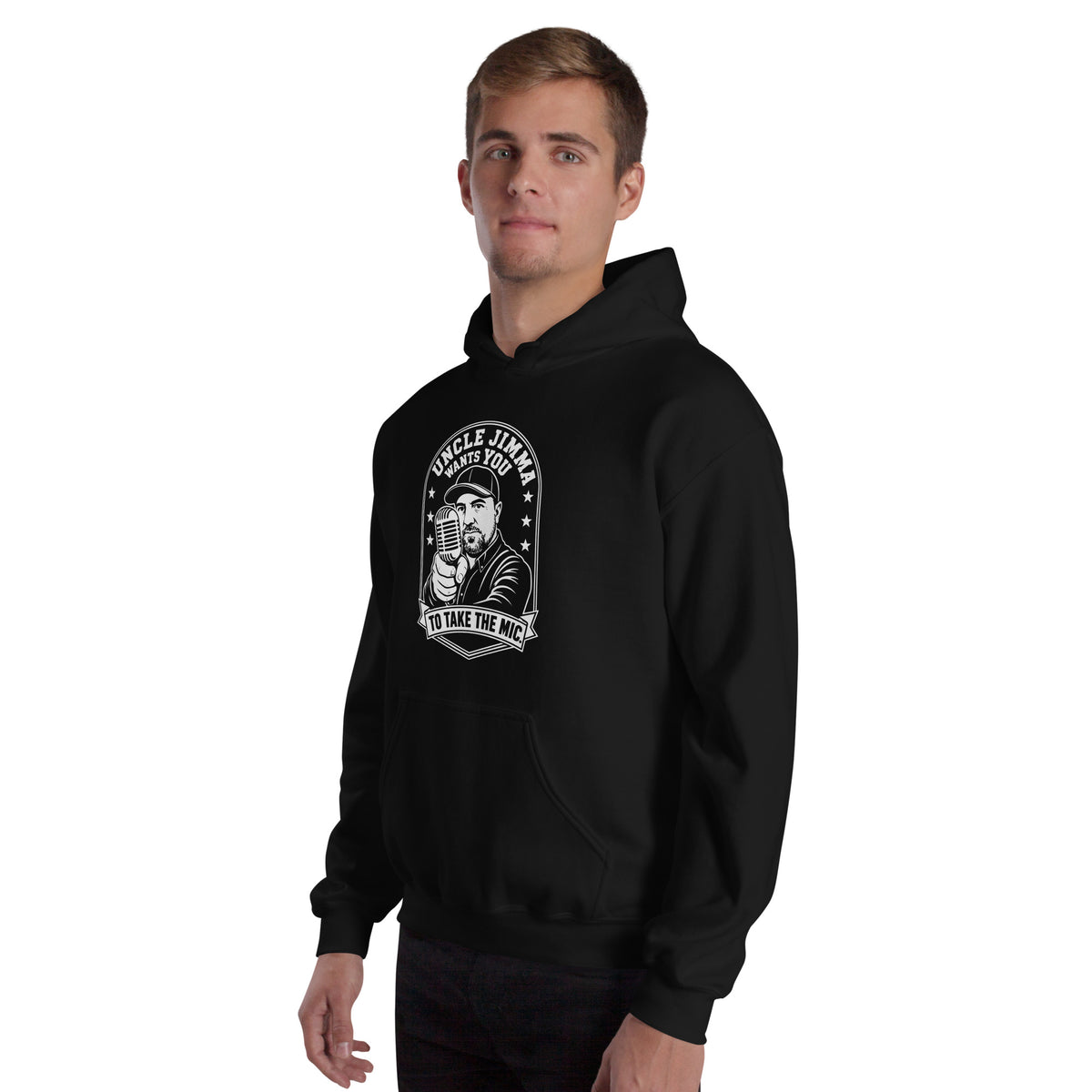 Black pullover hoodie, left-front angled view, featuring Uncle Jimma Wants You to Take the Mic pointing portrait and microphone.