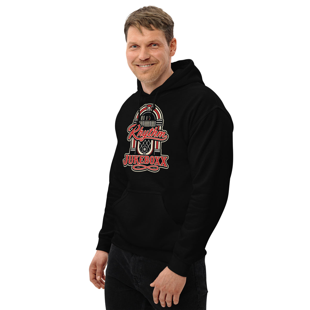 Black pullover hoodie, left-front angled view, featuring Rhythm Jukeboxx red-and-cream retro jukebox graphic.