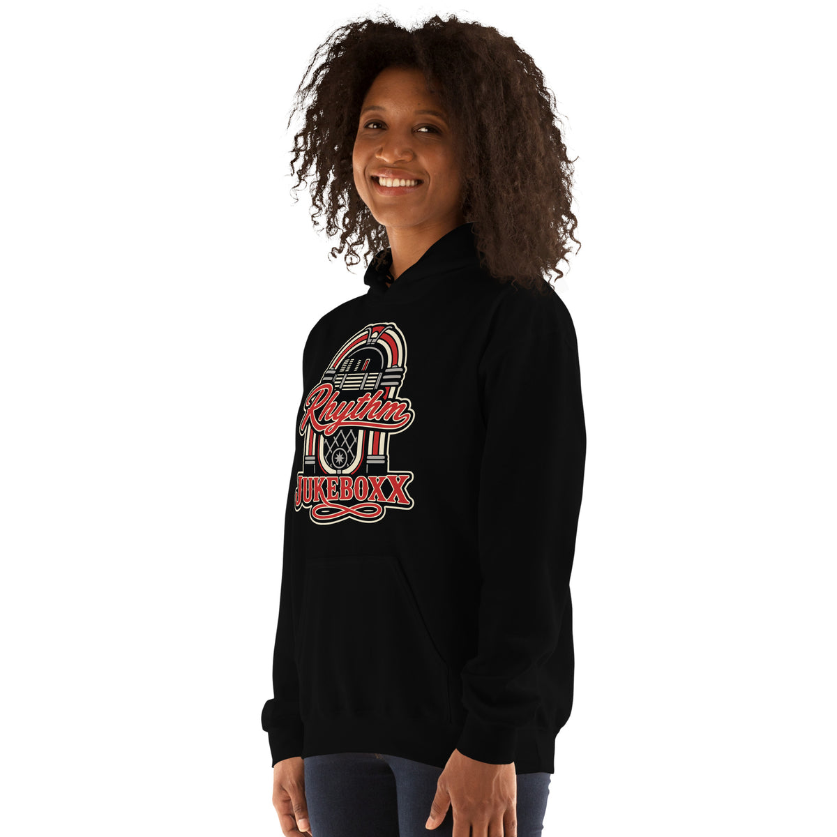 Black pullover hoodie, left-front angled view, featuring Rhythm Jukeboxx red-and-cream retro jukebox graphic.