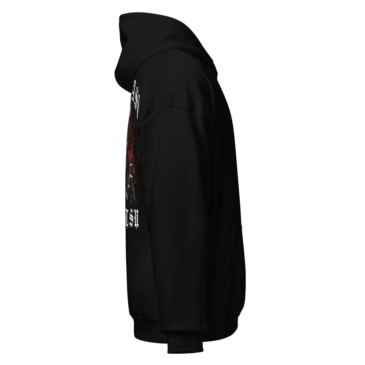 Black pullover hoodie, right side view, featuring Mat Beast Doberman Jiu Jitsu red-accented snarling dog graphic.