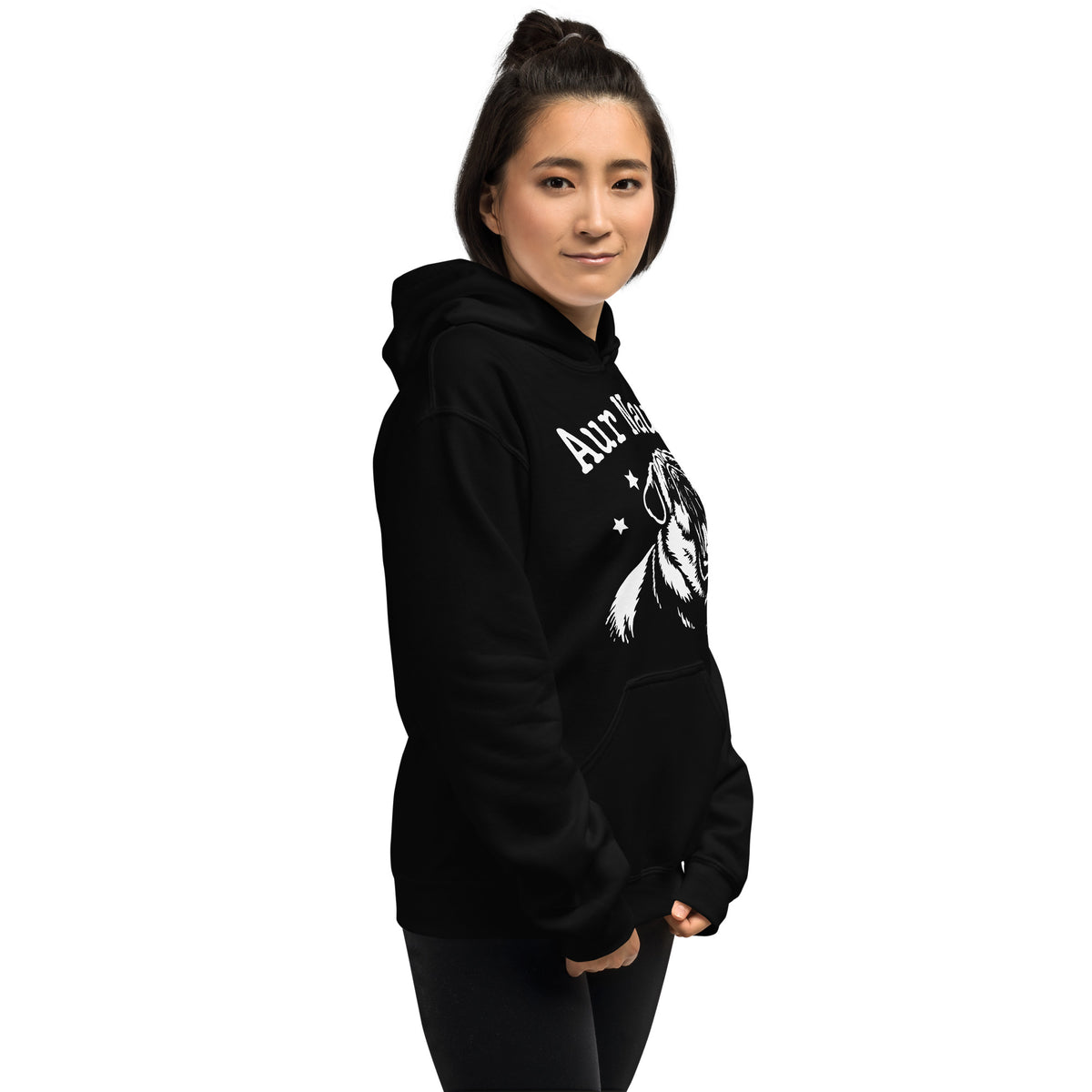 Black pullover hoodie, right-front angled view, featuring Aur Naur white pug portrait and star-accented lettering.