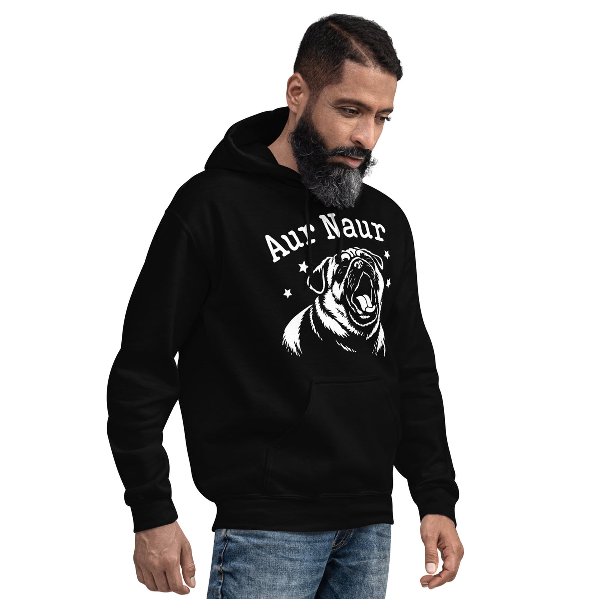 Black pullover hoodie, right-front angled view, featuring Aur Naur white pug portrait and star-accented lettering.