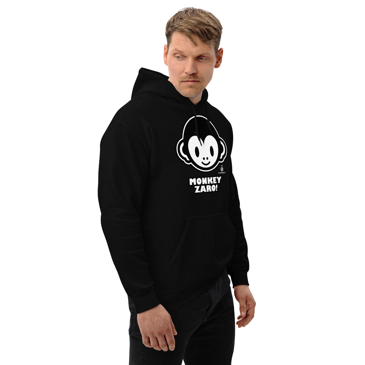 Black pullover hoodie, right-front angled view, featuring Monkey Zaro! white cartoon monkey face and lettering.