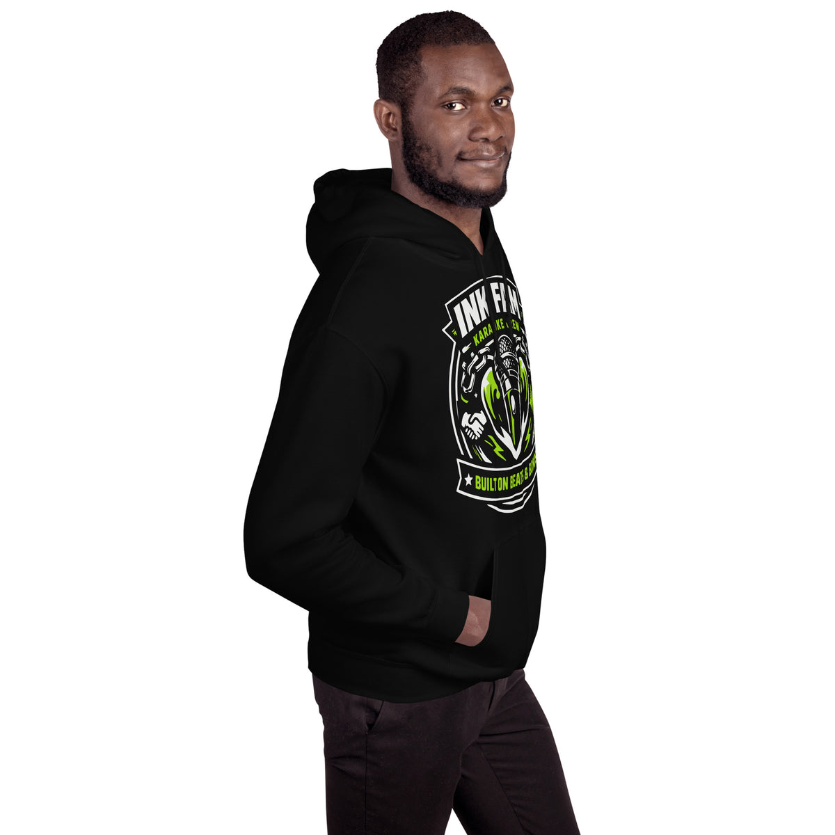 Black pullover hoodie, right-front angled view, featuring DJ Ink Beats & Bonds shield with a microphone and green-and-white lettering.