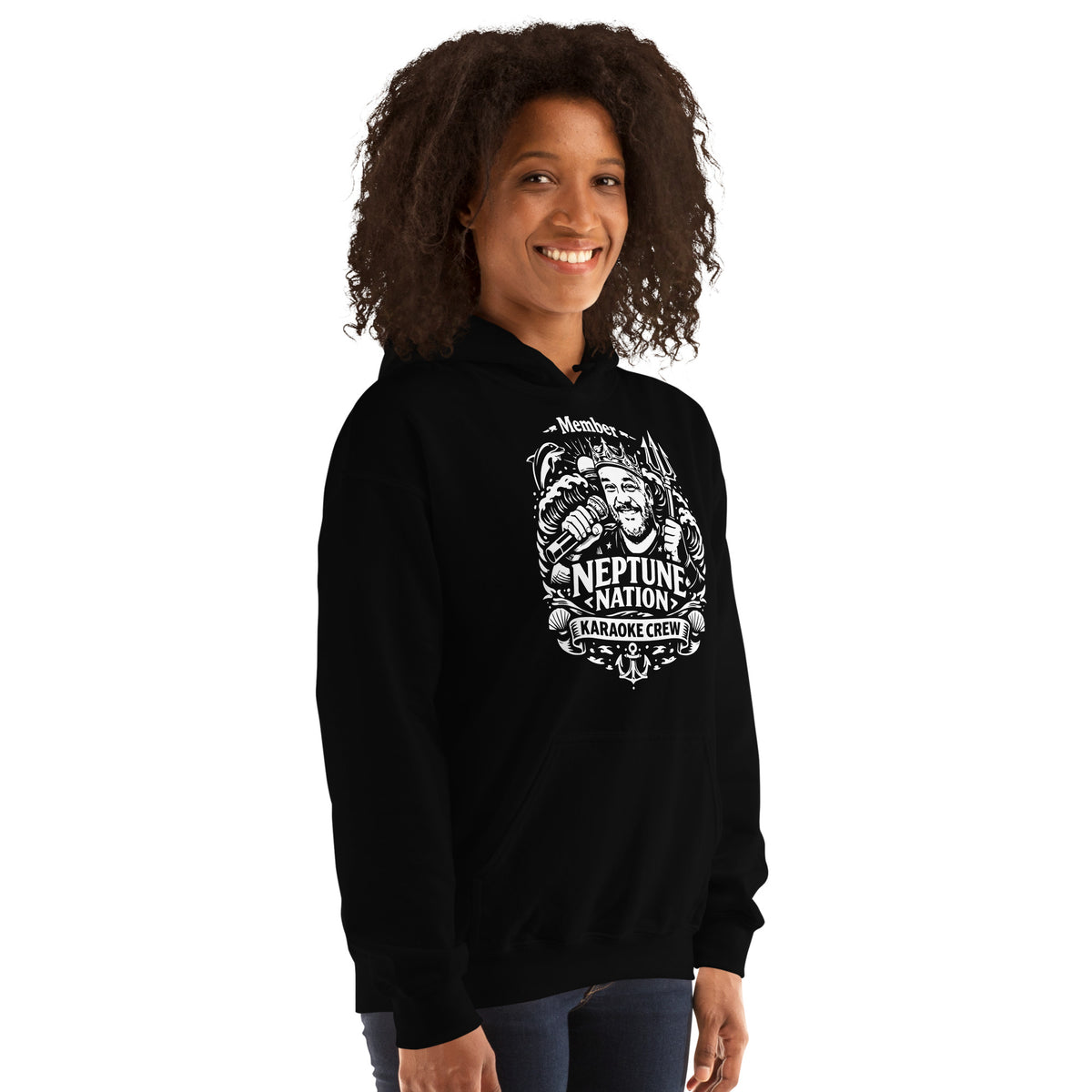 Black pullover hoodie, right-front angled view, featuring KJ Neptune's Neptune Nation nautical microphone and trident badge.