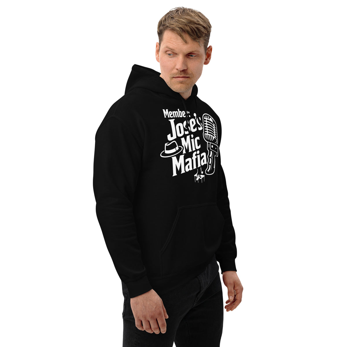 Black pullover hoodie, right-front angled view, featuring Jose's Mic Mafia microphone and fedora design.