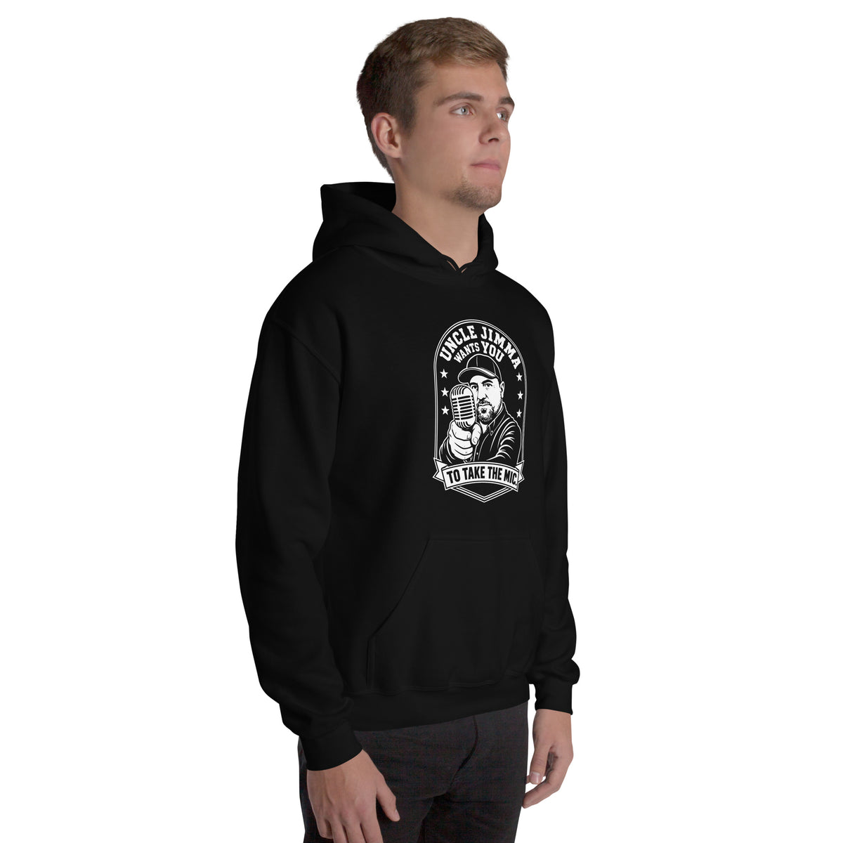 Black pullover hoodie, right-front angled view, featuring Uncle Jimma Wants You to Take the Mic pointing portrait and microphone.