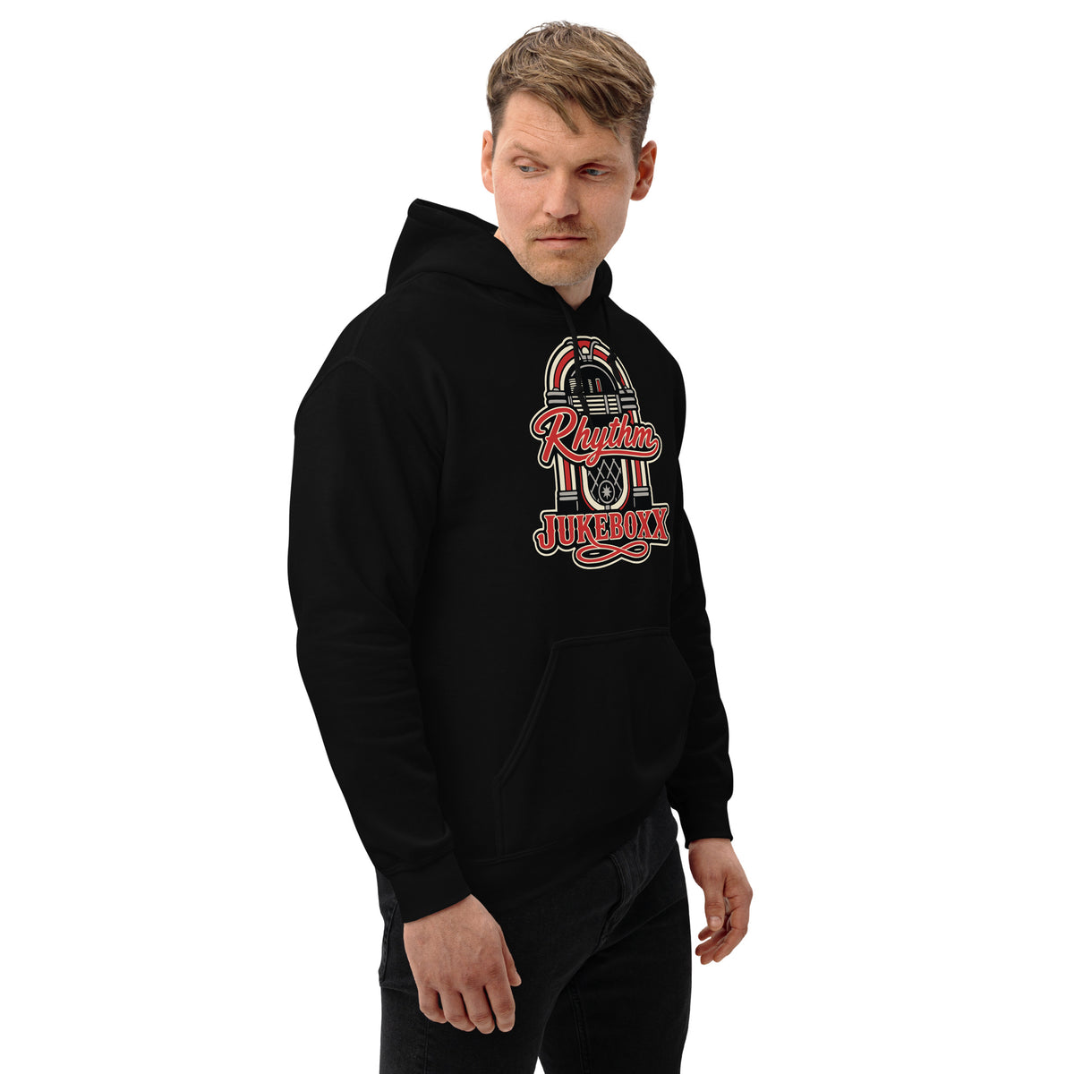 Black pullover hoodie, right-front angled view, featuring Rhythm Jukeboxx red-and-cream retro jukebox graphic.