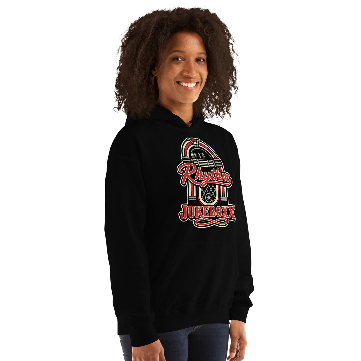 Black pullover hoodie, right-front angled view, featuring Rhythm Jukeboxx red-and-cream retro jukebox graphic.