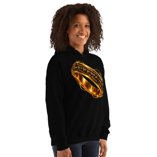 Black pullover hoodie, right-front angled view, featuring Put a Ring on It gold fantasy ring and starburst graphic.