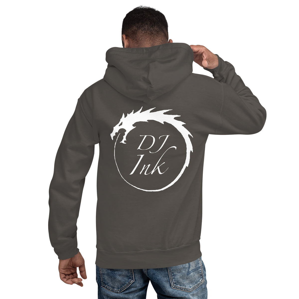 Charcoal pullover hoodie, back view, for the DJ Ink white Ouroboros dragon-circle logo.