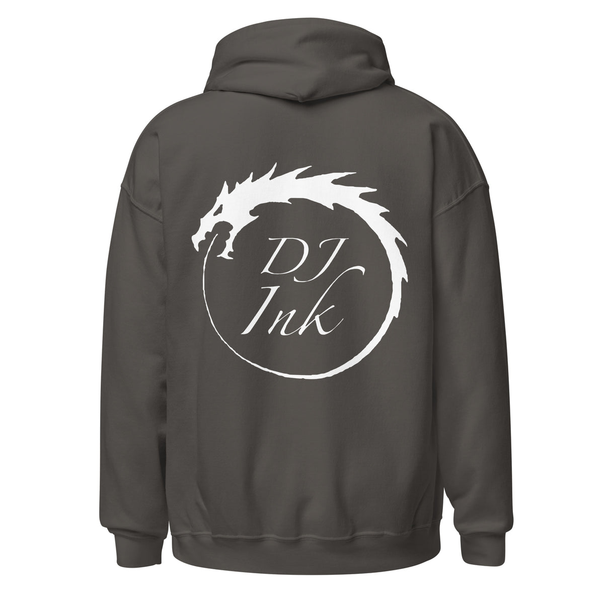 Charcoal pullover hoodie, back view, for the DJ Ink white Ouroboros dragon-circle logo.