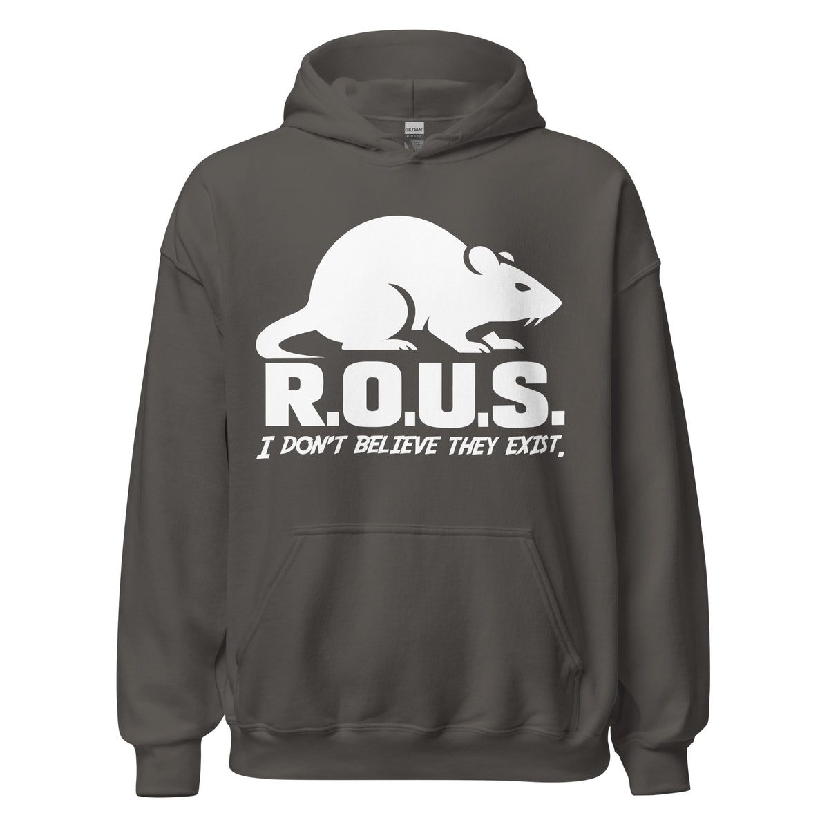 Charcoal pullover hoodie, front view, featuring the R.O.U.S. Disbelief Statement design