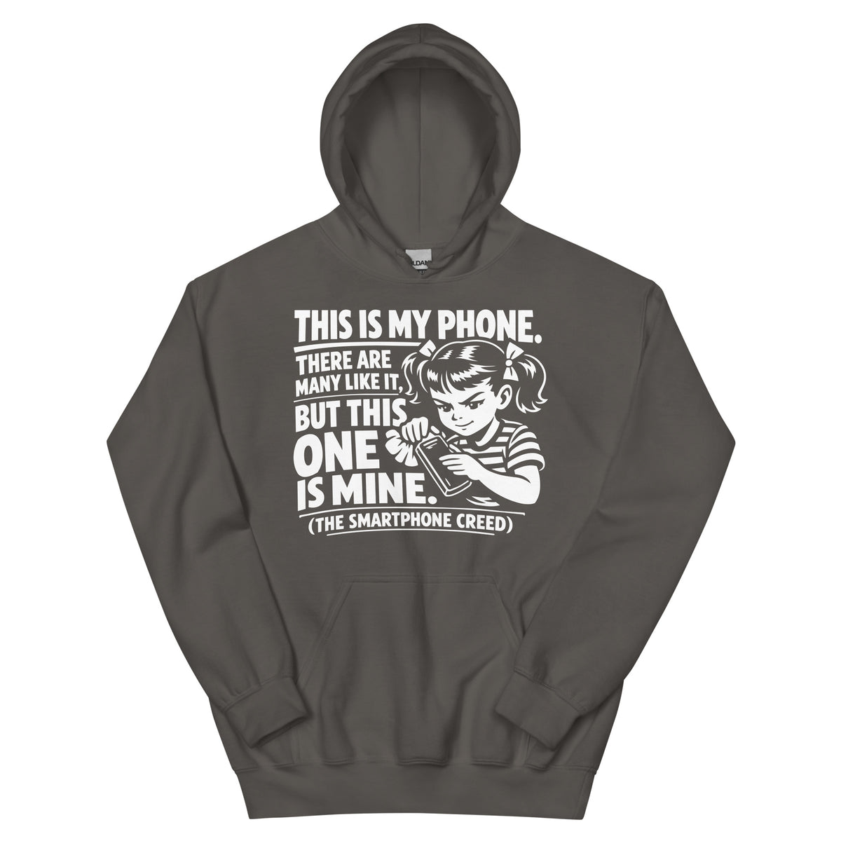 Charcoal pullover hoodie, front view, showing a mockup for Smartphone Creed retro woman holding a phone and statement lettering.