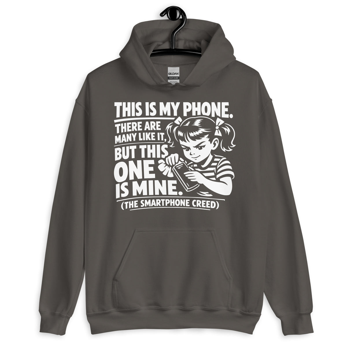 Charcoal pullover hoodie, front view, showing a mockup for Smartphone Creed retro woman holding a phone and statement lettering.
