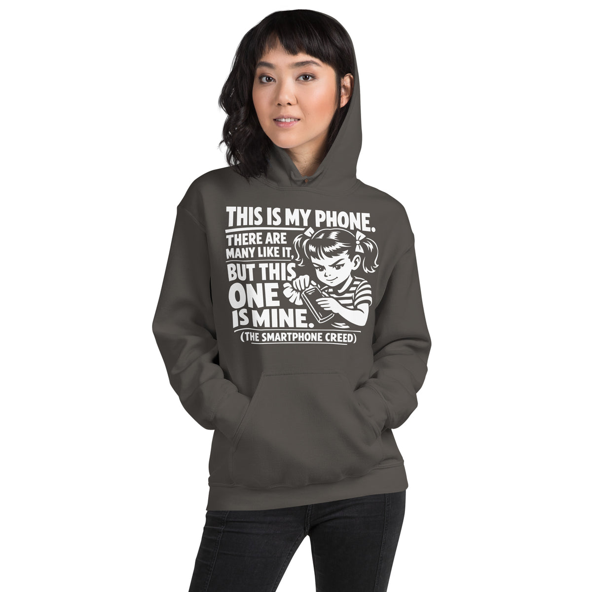 Charcoal pullover hoodie, front view, showing a mockup for Smartphone Creed retro woman holding a phone and statement lettering.