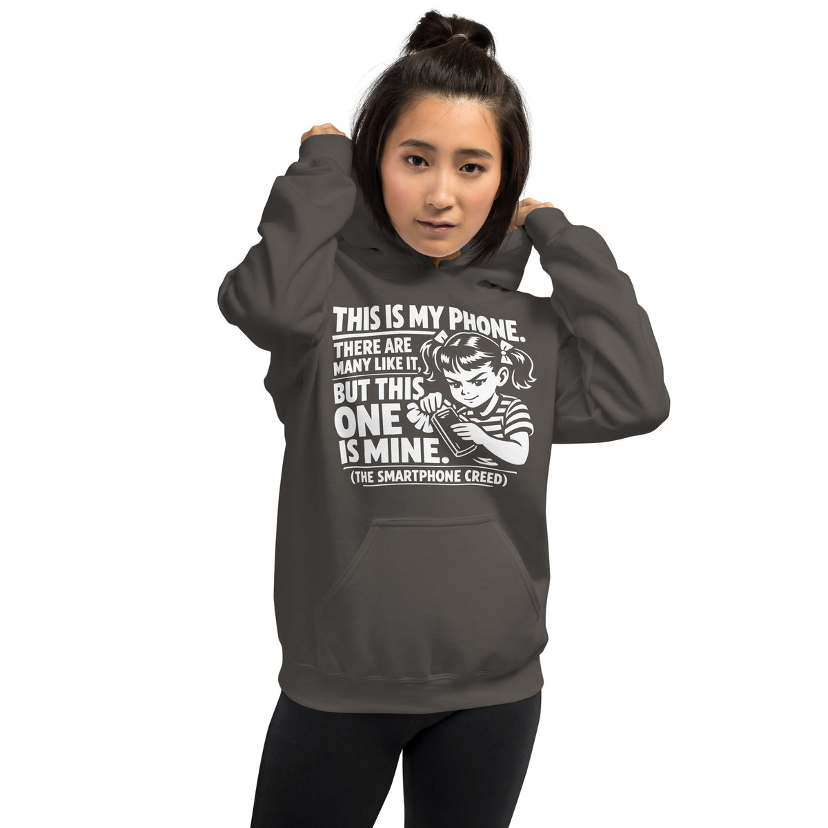 Charcoal pullover hoodie, front view, showing a mockup for Smartphone Creed retro woman holding a phone and statement lettering.