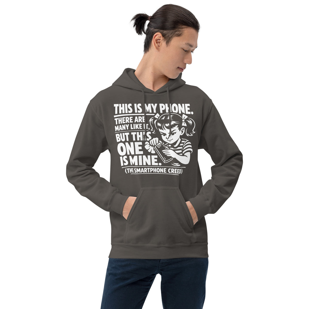 Charcoal pullover hoodie, front view, showing a mockup for Smartphone Creed retro woman holding a phone and statement lettering.