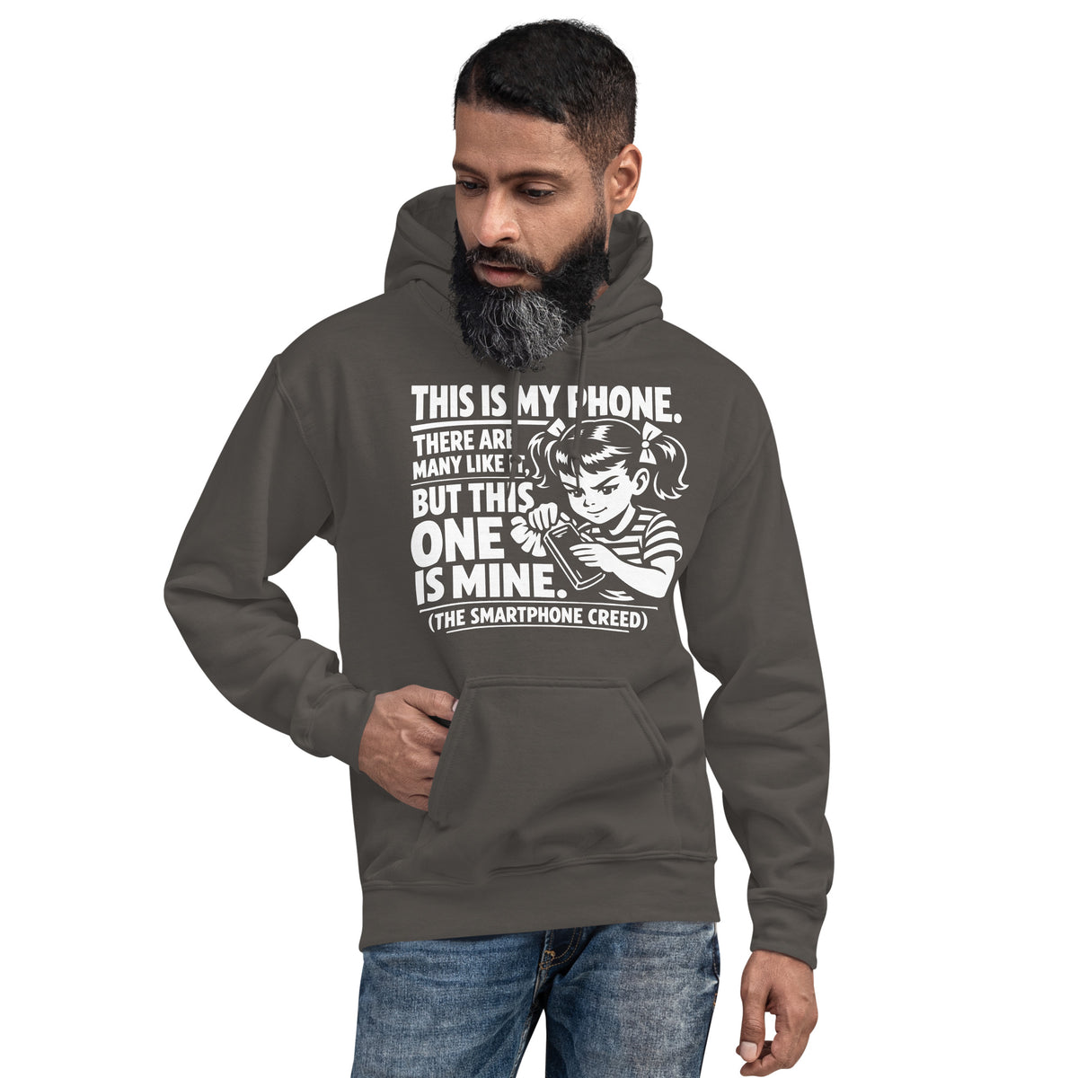 Charcoal pullover hoodie, front view, showing a mockup for Smartphone Creed retro woman holding a phone and statement lettering.