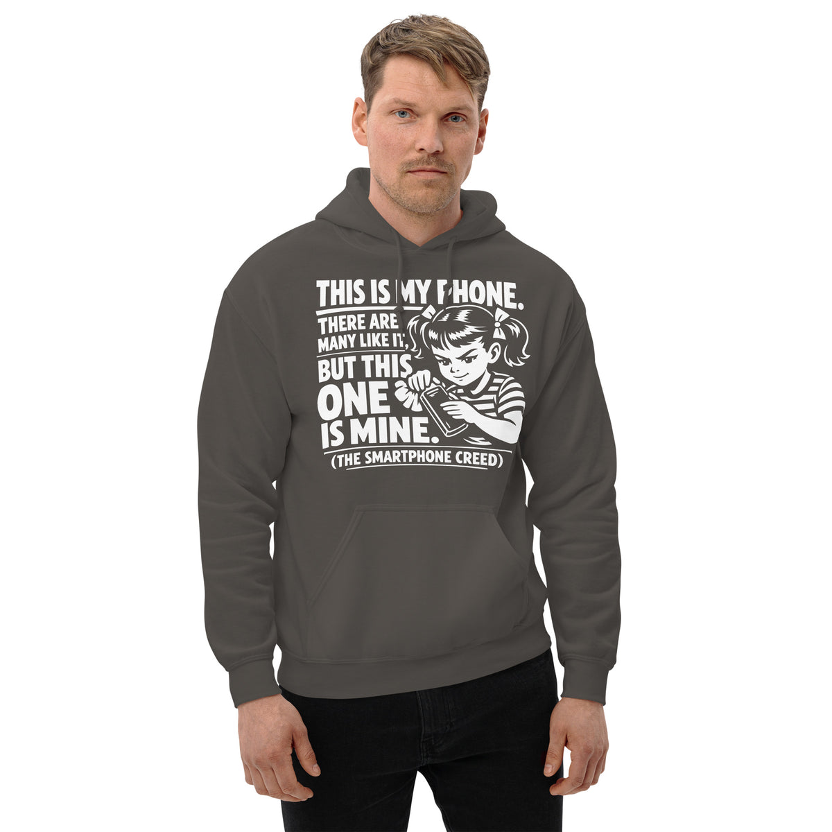 Charcoal pullover hoodie, front view, showing a mockup for Smartphone Creed retro woman holding a phone and statement lettering.