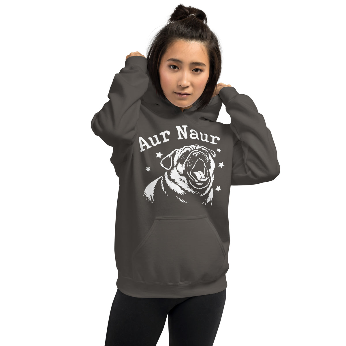Charcoal pullover hoodie, front view, featuring Aur Naur white pug portrait and star-accented lettering.