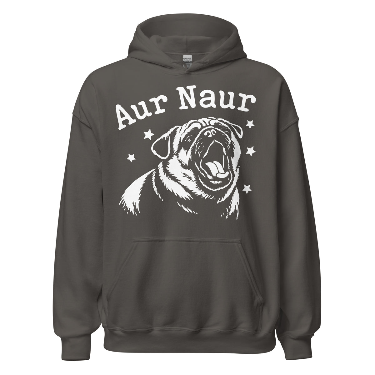 Charcoal pullover hoodie, front view, featuring Aur Naur white pug portrait and star-accented lettering.