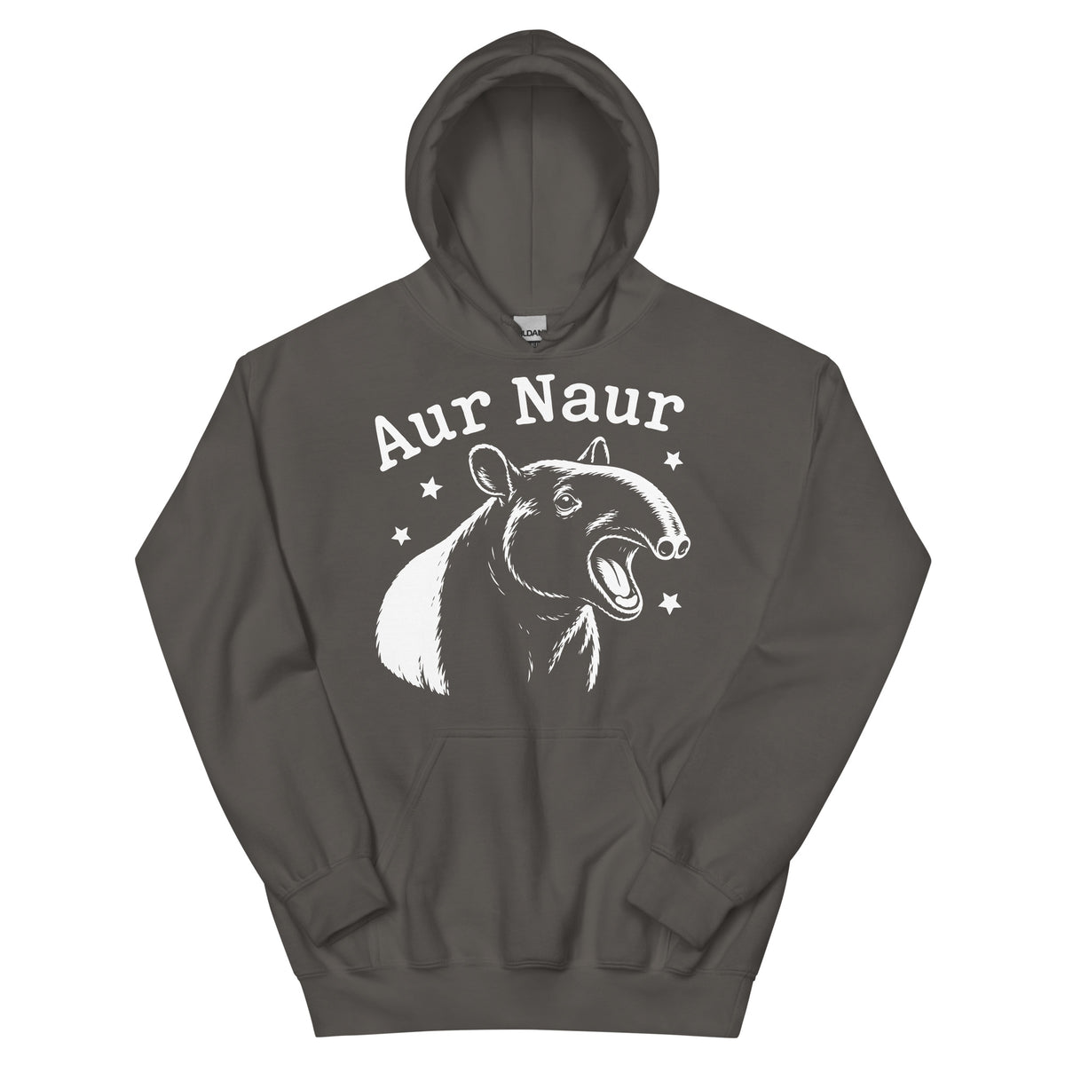 Charcoal pullover hoodie, front view, featuring Aur Naur white tapir portrait, stars and lettering.