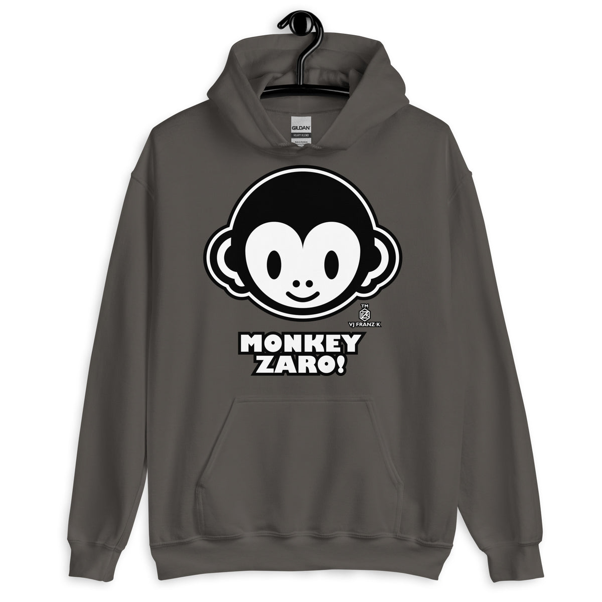 Charcoal pullover hoodie, front view, featuring Monkey Zaro! white cartoon monkey face and lettering.
