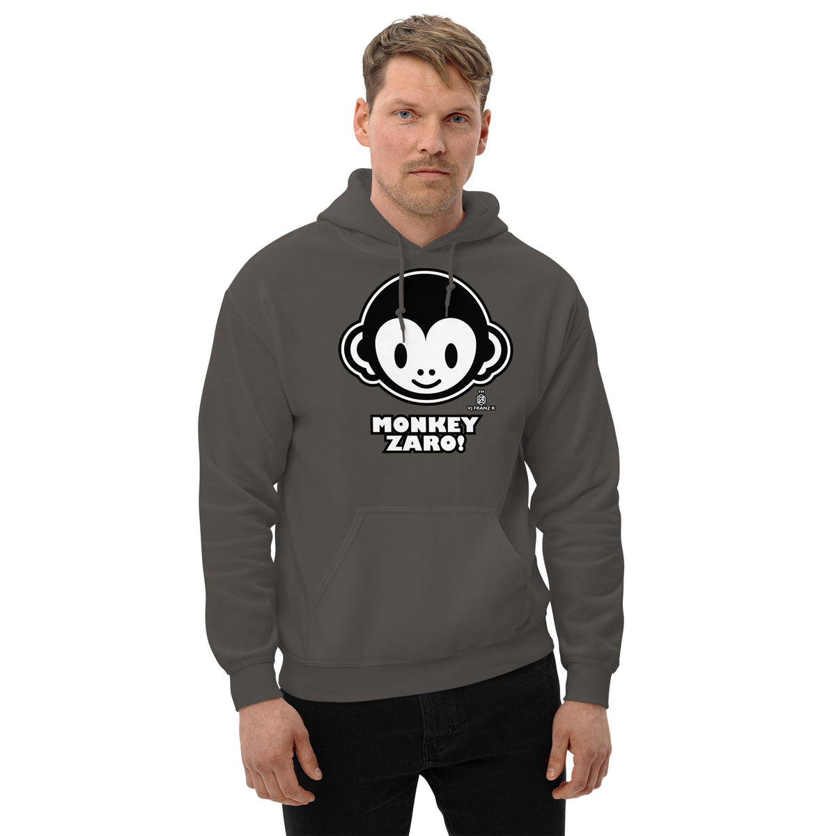 Charcoal pullover hoodie, front view, featuring Monkey Zaro! white cartoon monkey face and lettering.
