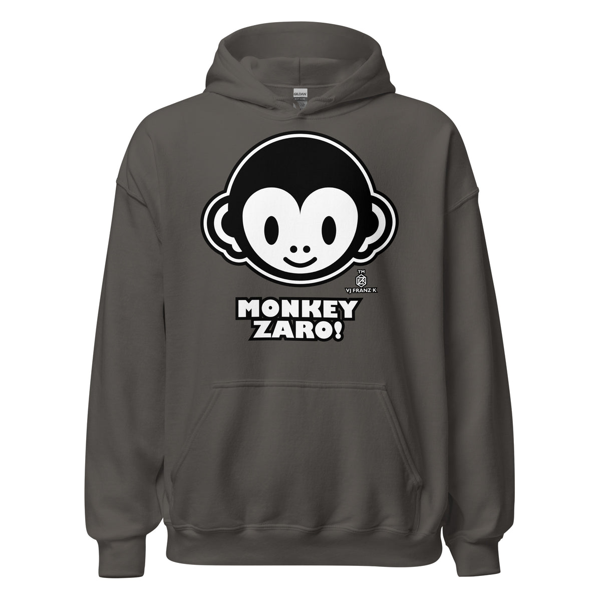 Charcoal pullover hoodie, front view, featuring Monkey Zaro! white cartoon monkey face and lettering.
