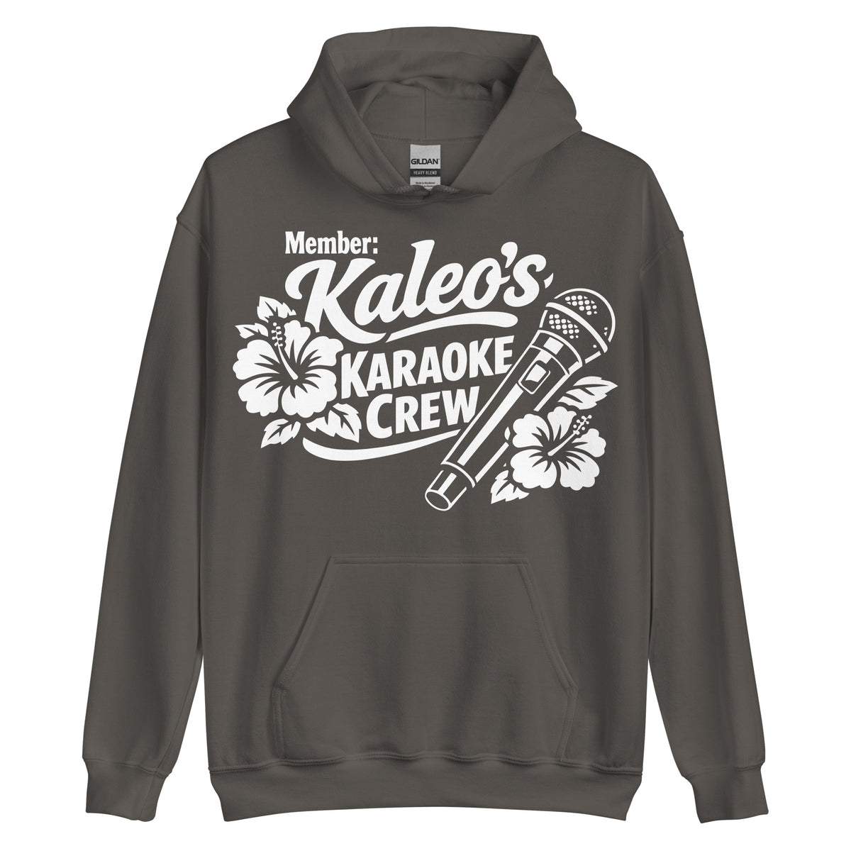 Charcoal pullover hoodie, front view, featuring Kaleo's Karaoke Crew lettering, microphone, and hibiscus flowers.