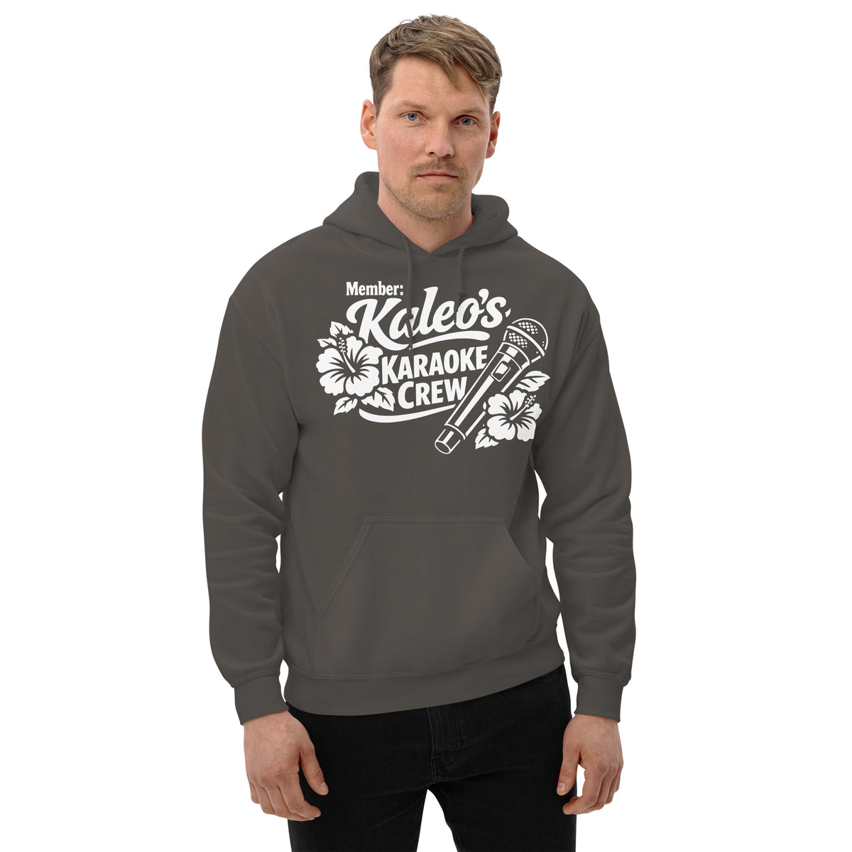 Charcoal pullover hoodie, front view, featuring Kaleo's Karaoke Crew lettering, microphone, and hibiscus flowers.