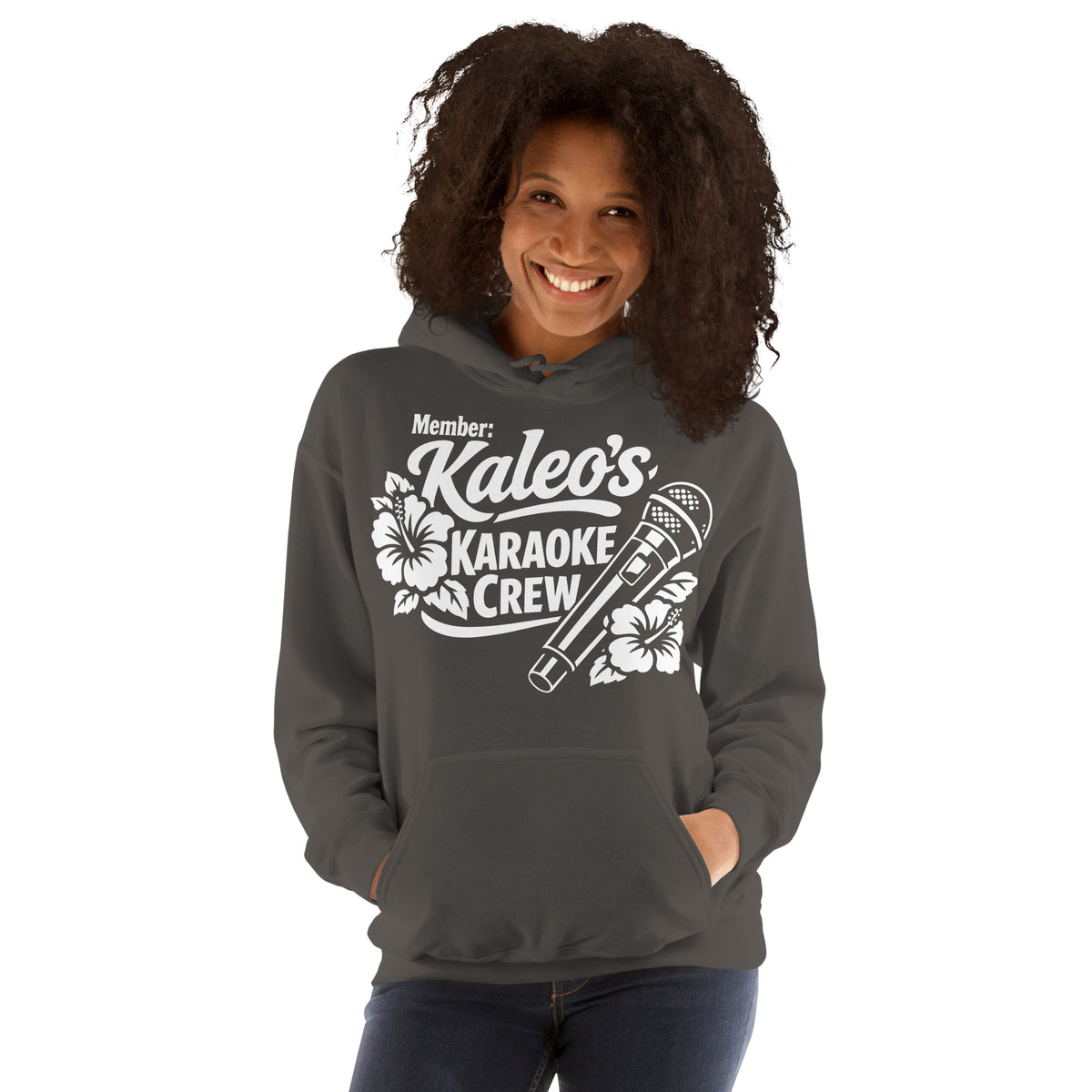 Charcoal pullover hoodie, front view, featuring Kaleo's Karaoke Crew lettering, microphone, and hibiscus flowers.