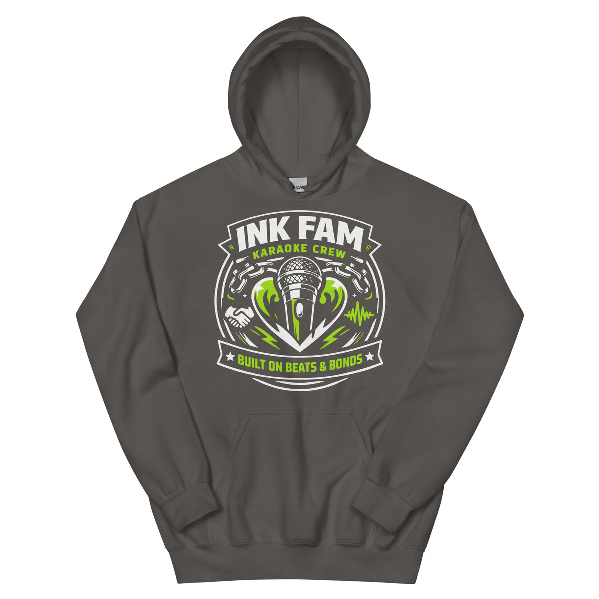 Charcoal pullover hoodie, front view, featuring DJ Ink Beats & Bonds shield with a microphone and green-and-white lettering.